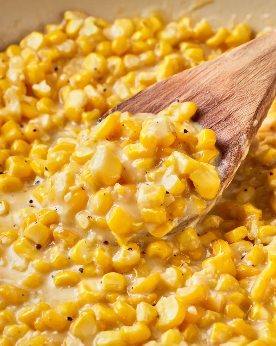 A wooden spoon is scooping corn from a pan.