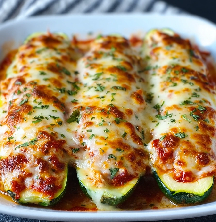 A plate of chicken parmesan zucchini boats.