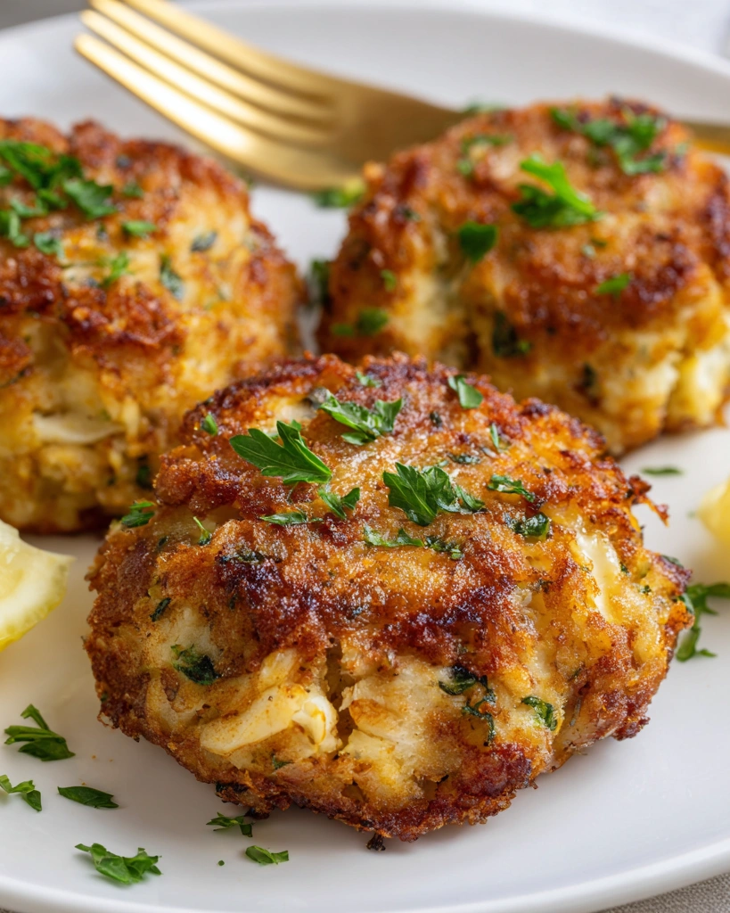 Baked crab cakes on a white plate.