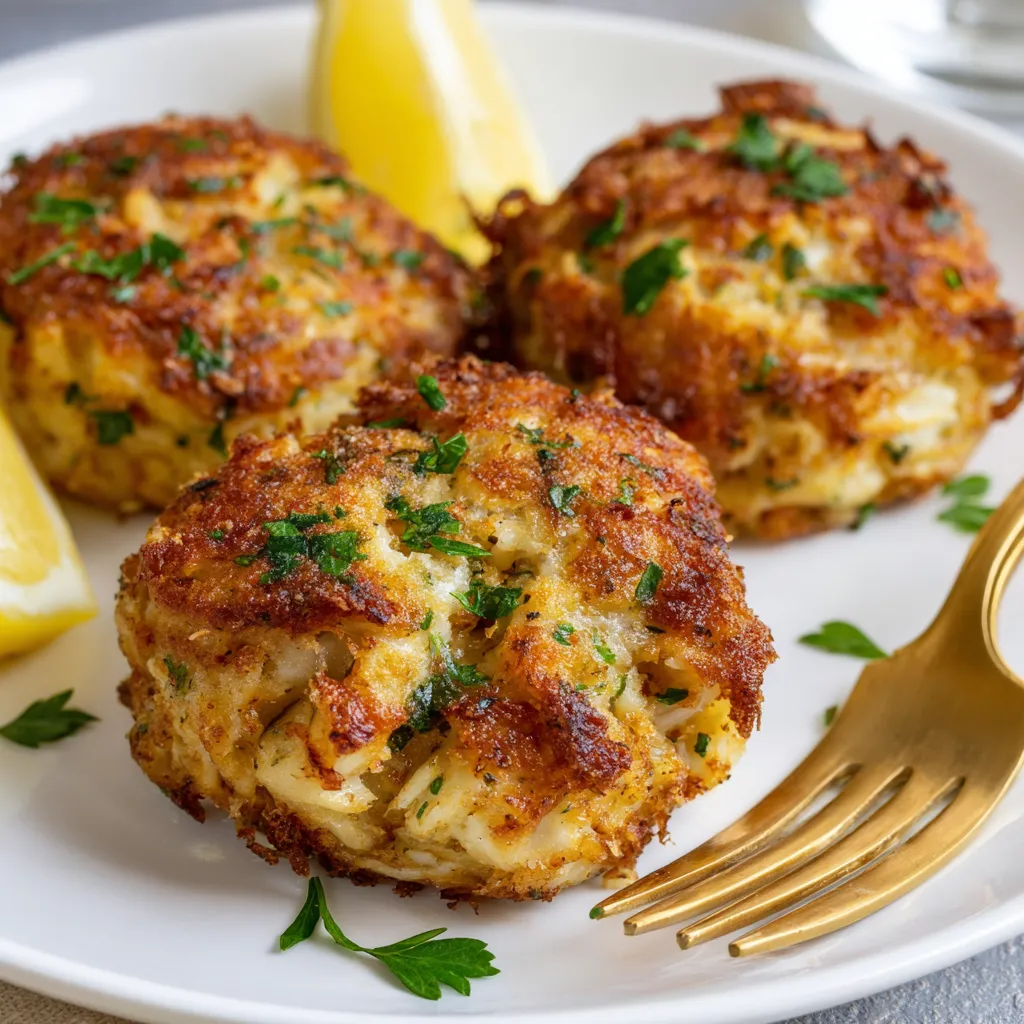 A plate of baked crab cakes with a lemon wedge on the side.