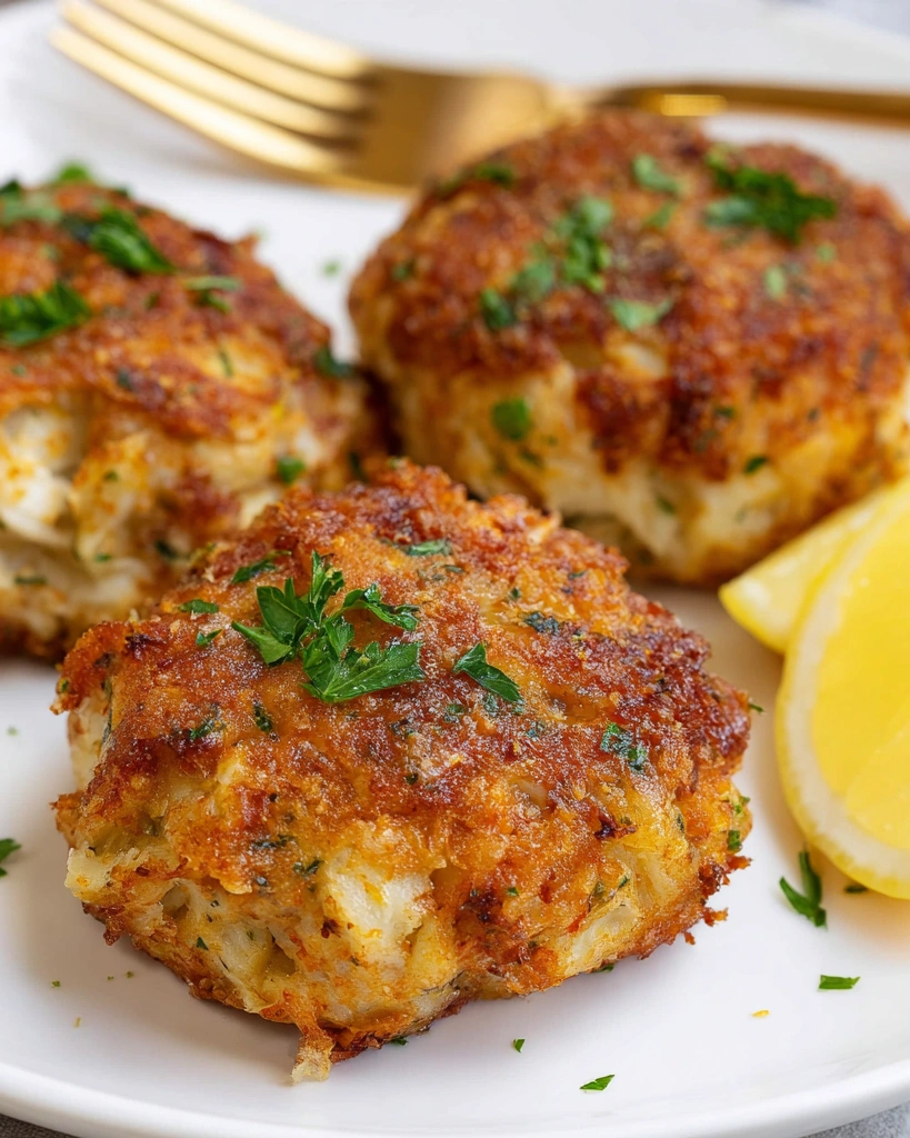 Baked crab cakes on a plate.