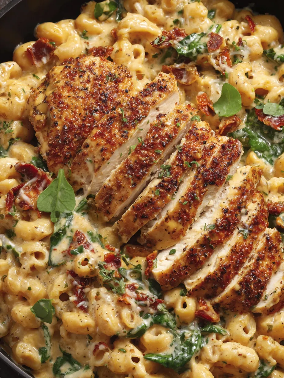 A dish of Tuscan chicken mac and cheese.