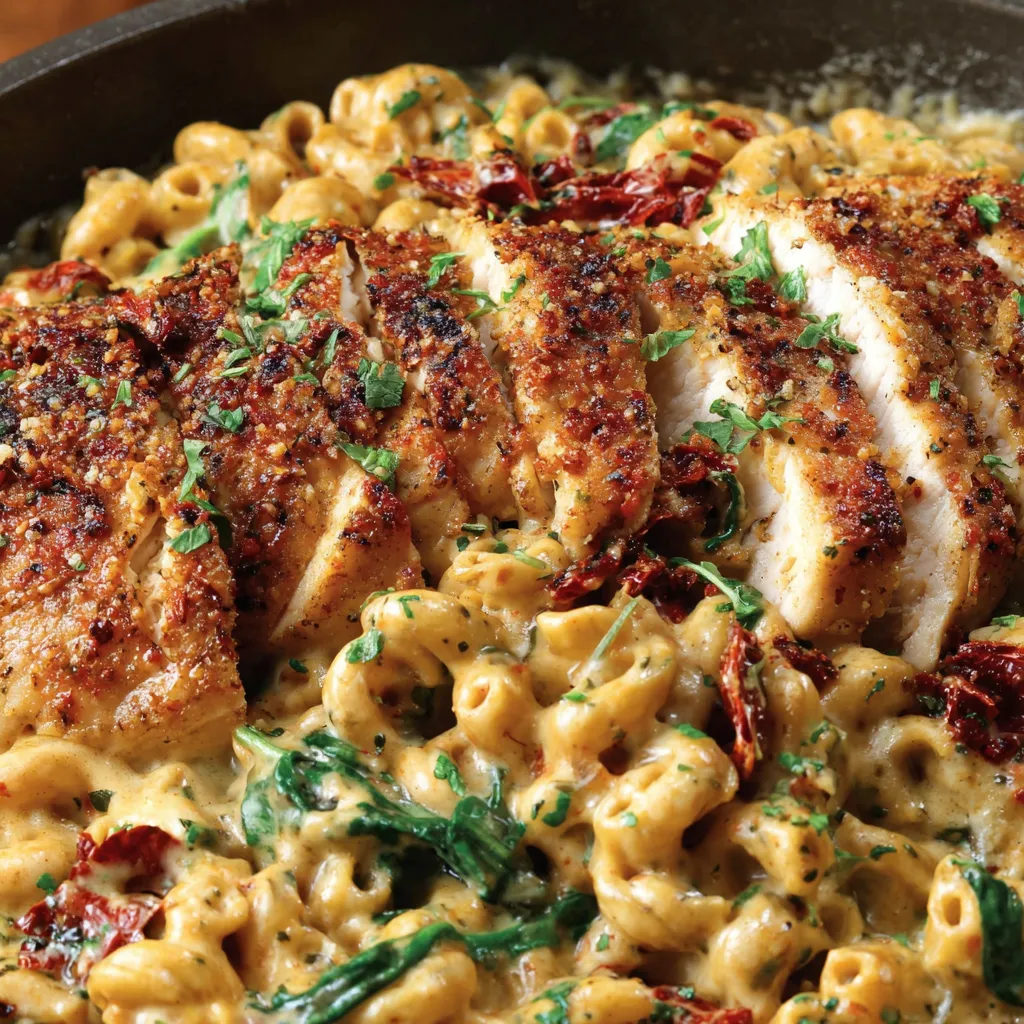 A dish of Tuscan chicken mac and cheese.