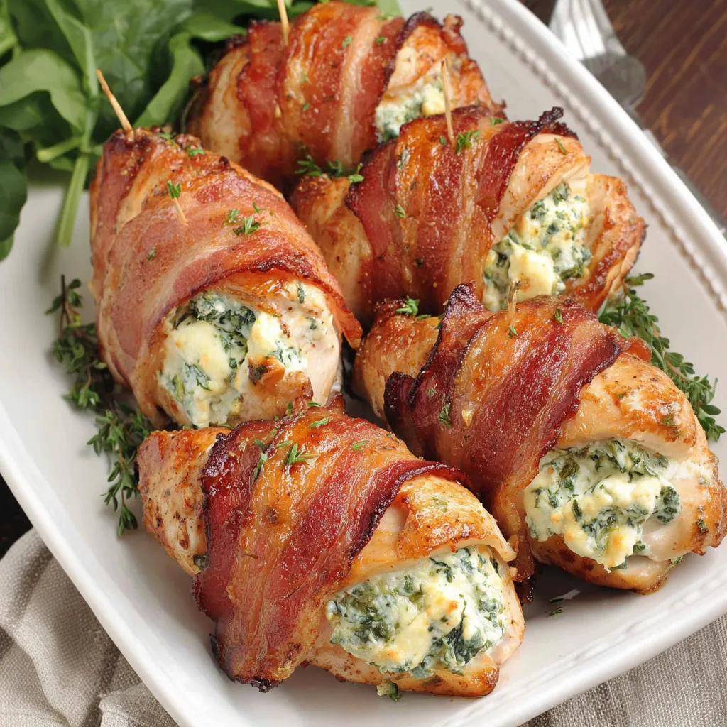 Bacon wrapped chicken with cream cheese stuffed in the middle.