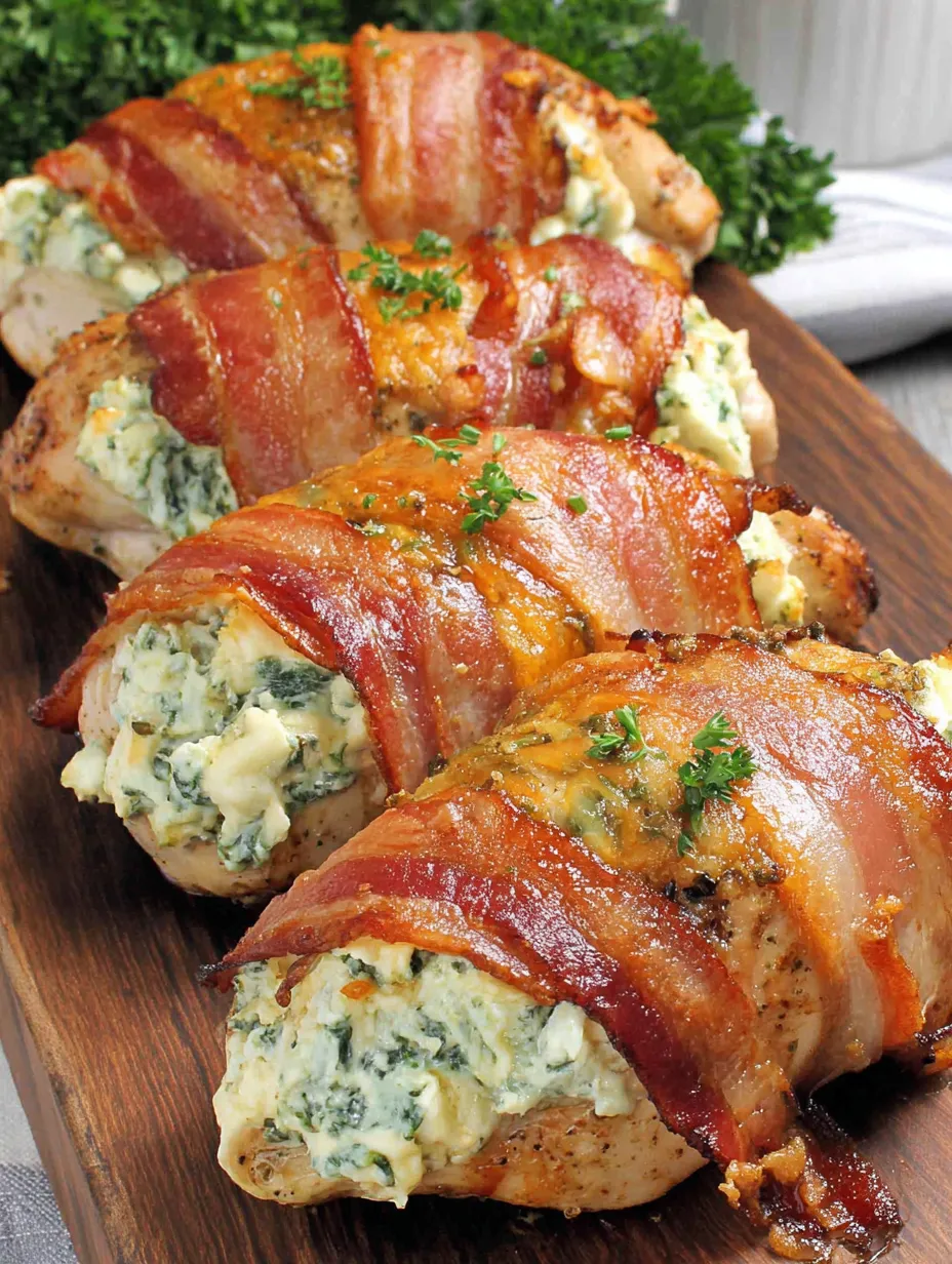 Bacon-wrapped chicken with cream cheese stuffing.