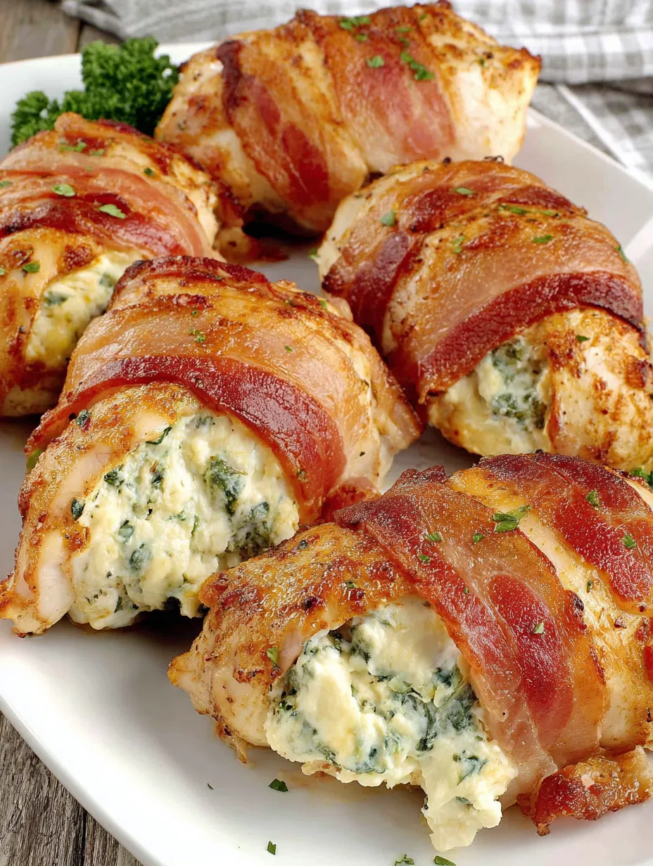 Bacon-wrapped chicken with cream cheese stuffing.