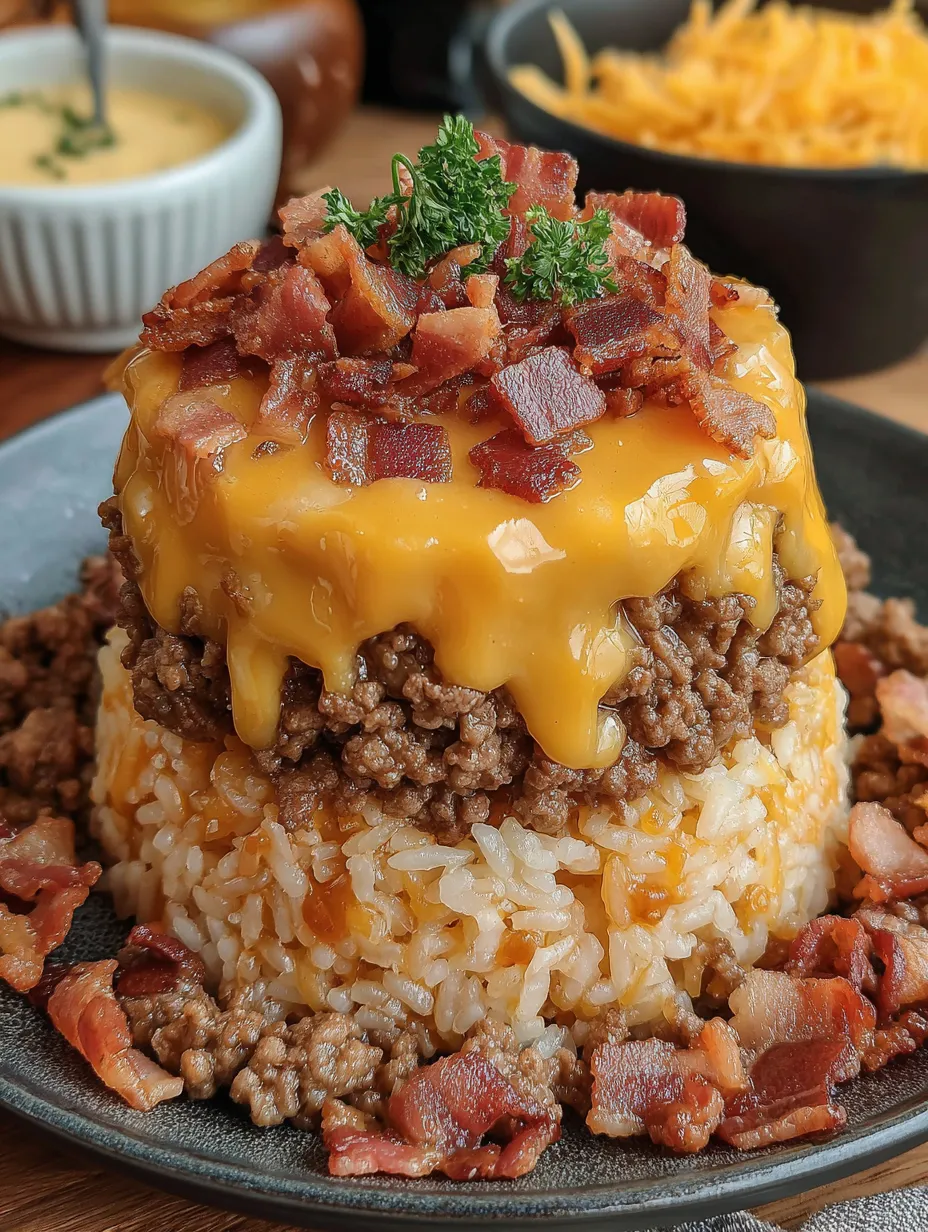 A cheeseburger on top of rice.