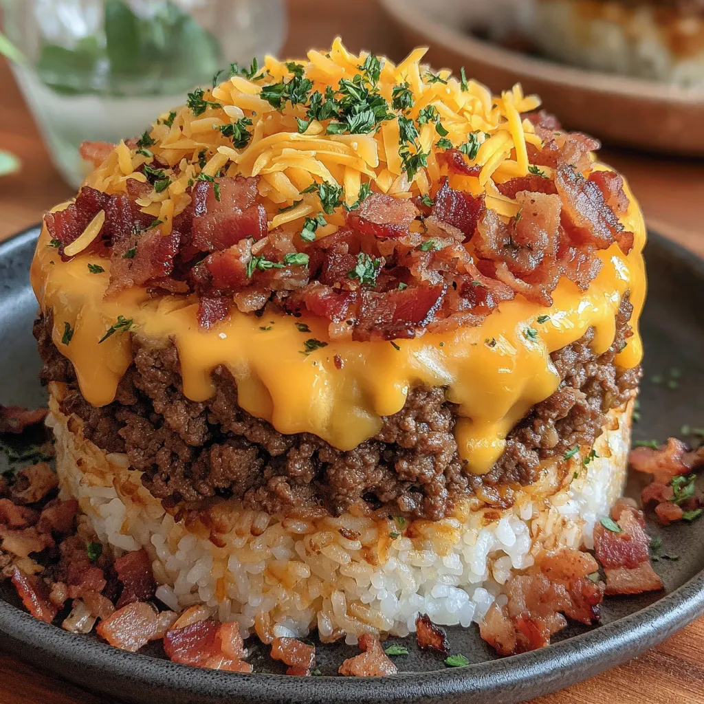A plate of rice with bacon cheeseburger on top.