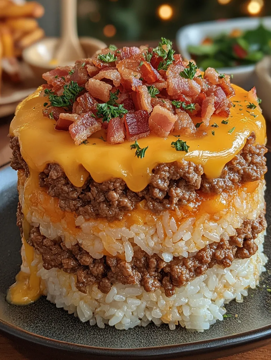 A stack of rice with bacon and cheese on top.