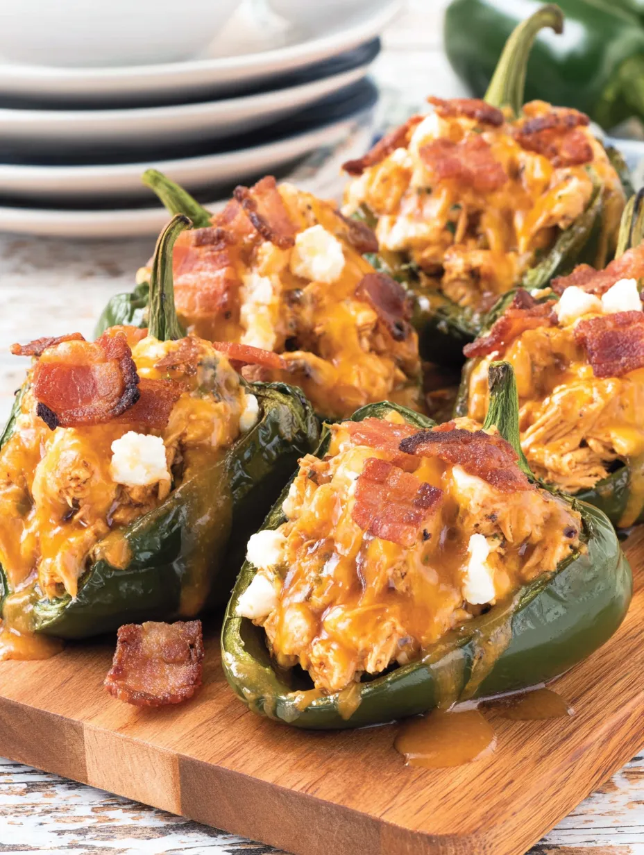 Stuffed Poblano Peppers on a wooden platter.