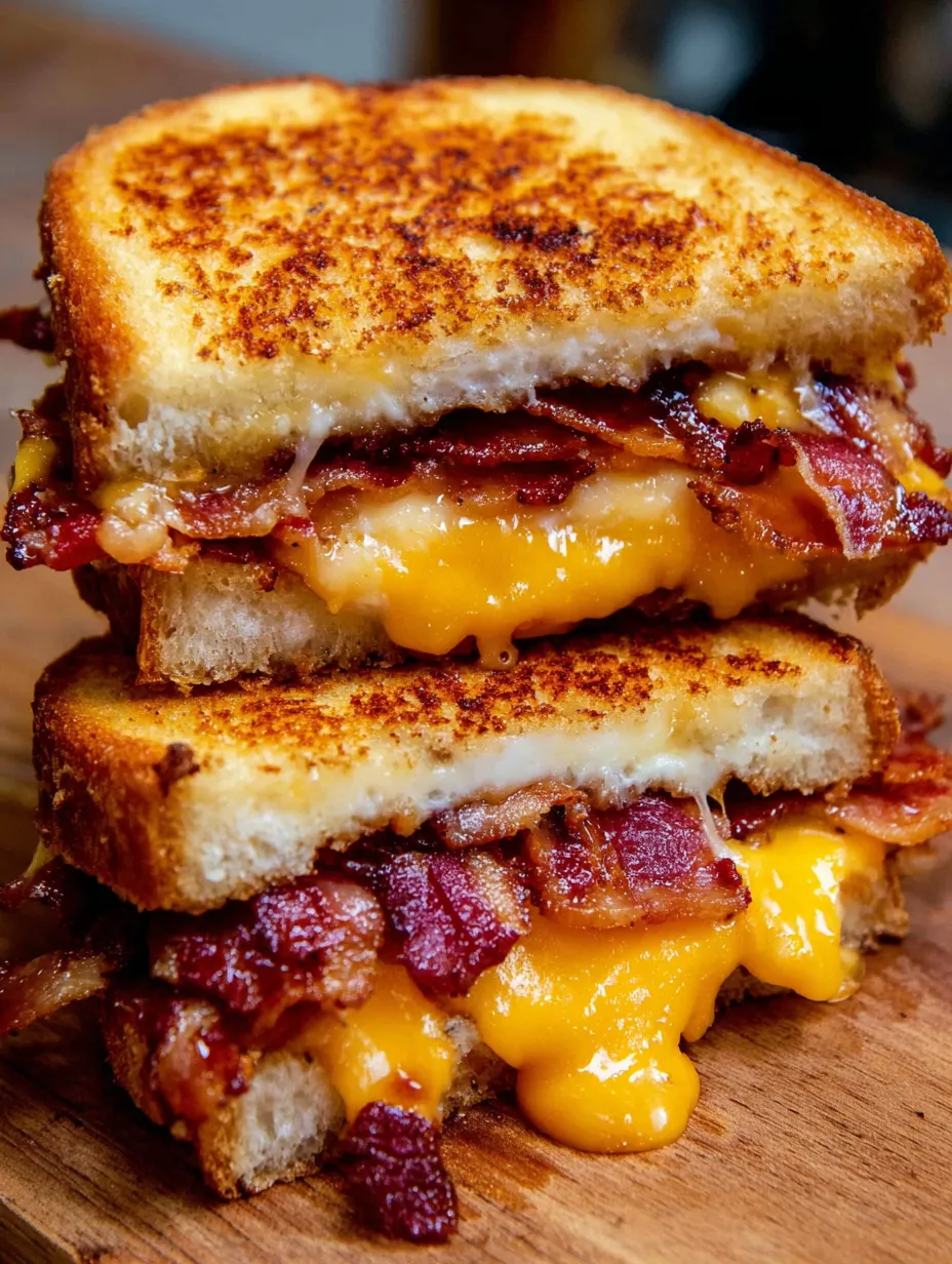 A stack of grilled cheese sandwiches with bacon.