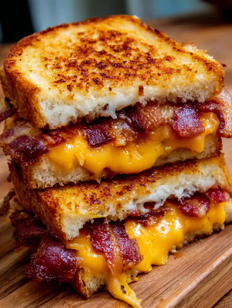 A stack of three grilled cheese sandwiches with bacon.