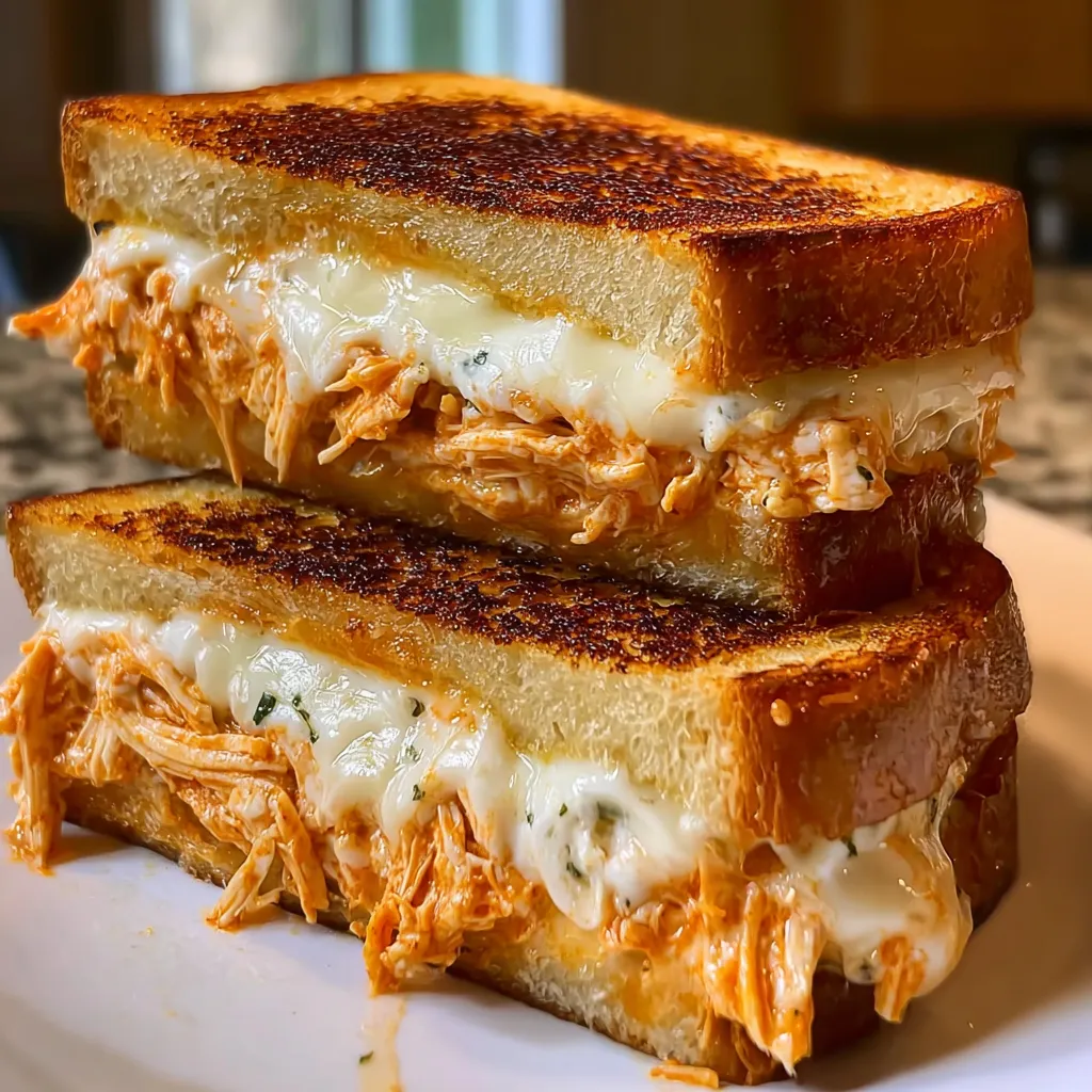 A grilled cheese sandwich with buffalo chicken and ranch dressing.