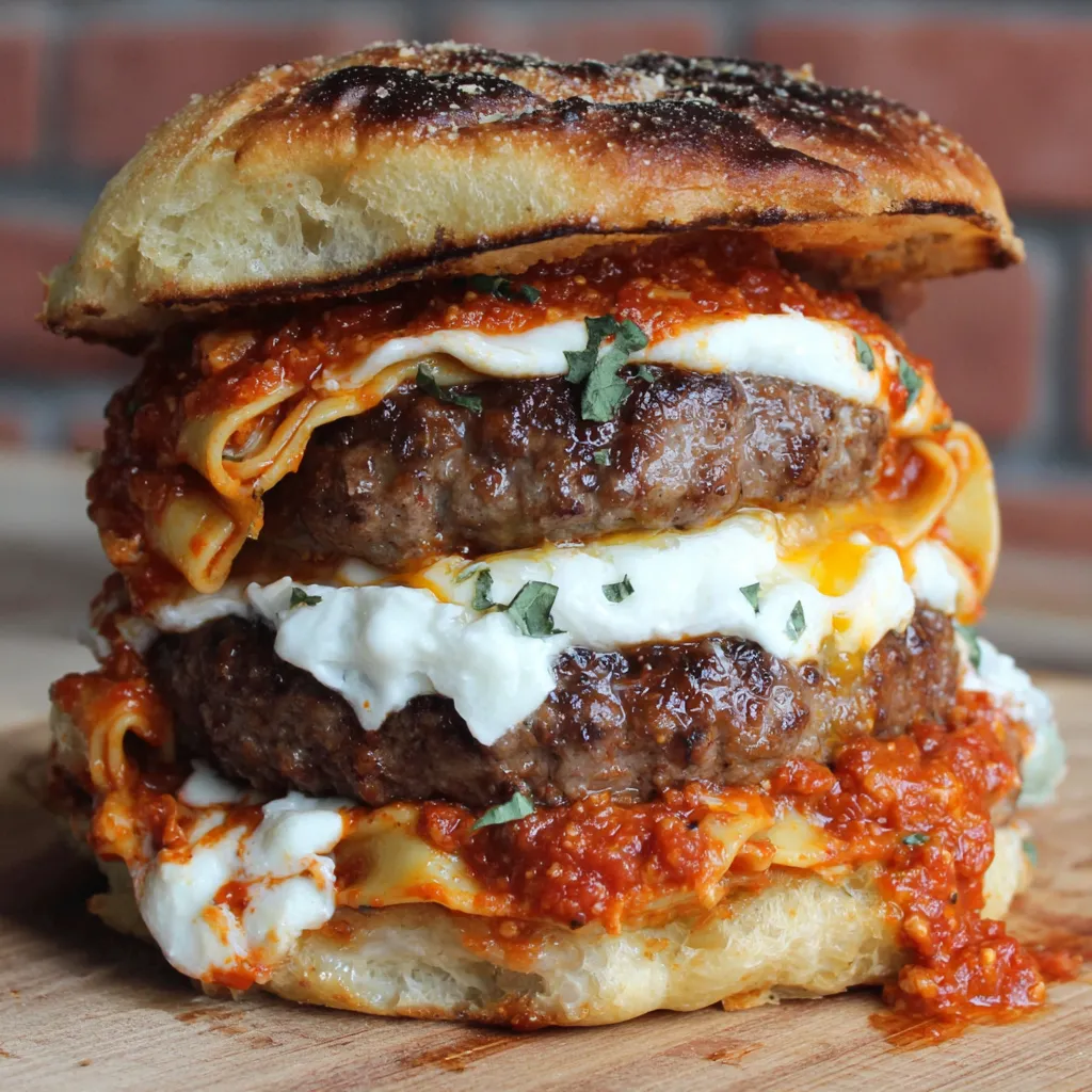 A burger with lasagna on top.