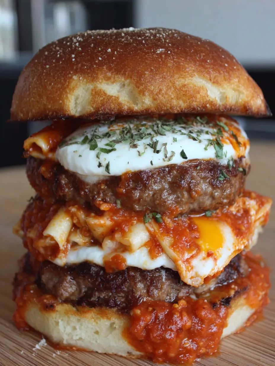 A burger with lasagna on top.