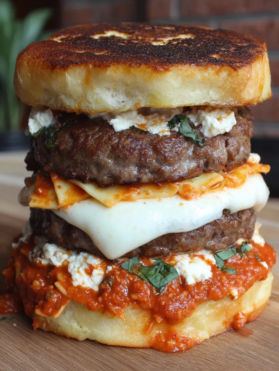 A stack of burgers with lasagna on top.