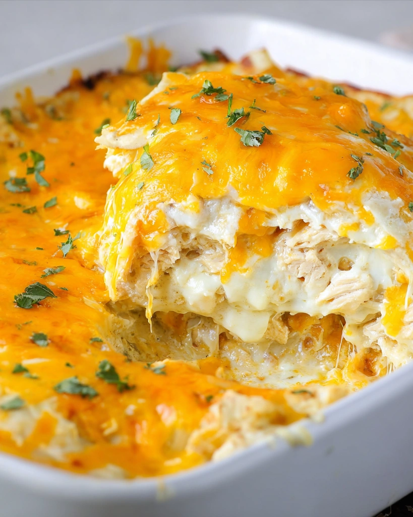A casserole with a slice of chicken in it.