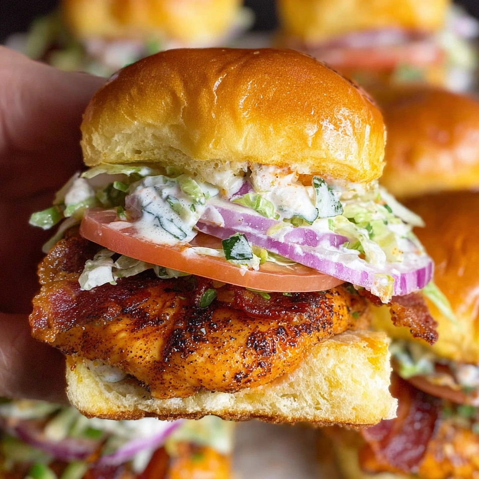 A hand holding a bacon ranch BBQ chicken slider.