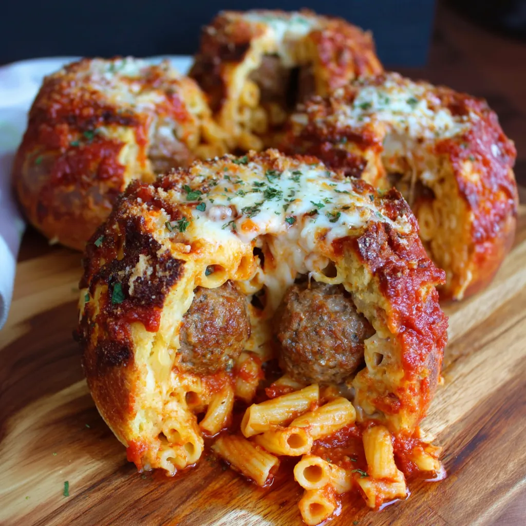 A close up of a garlic bread pasta timpano.