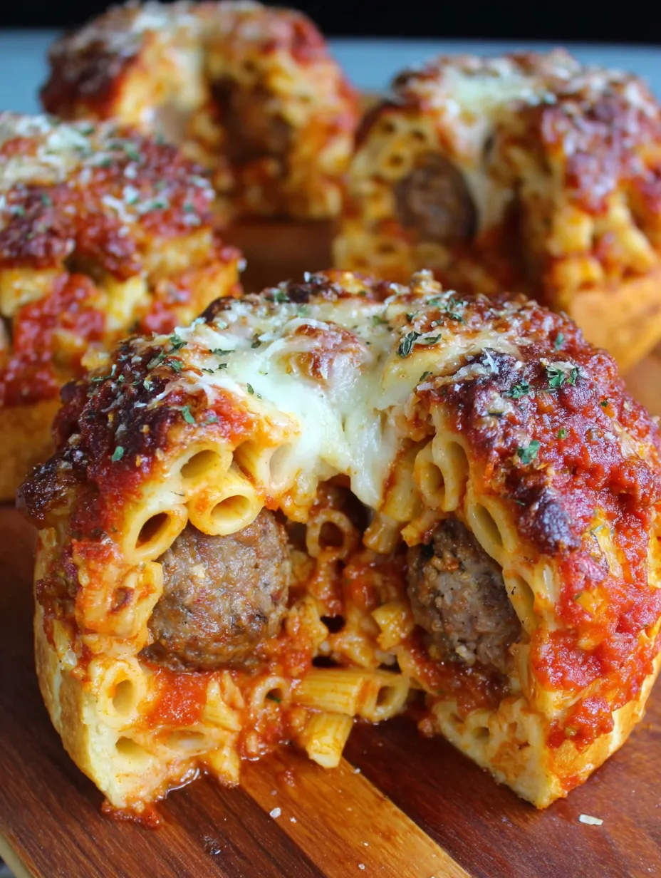 A close up of a garlic bread pasta timpano.