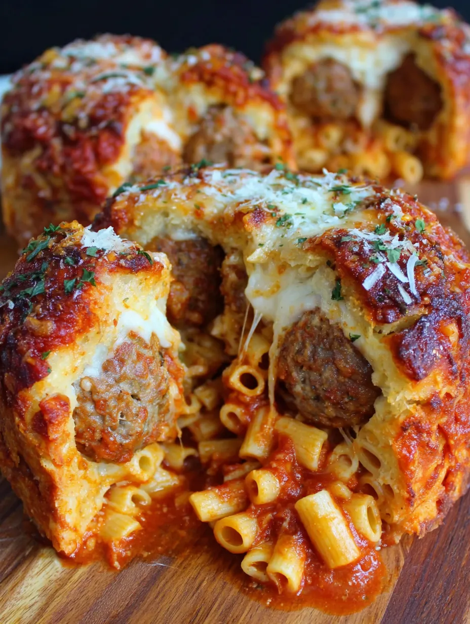 A close up of a garlic bread pasta timpano.