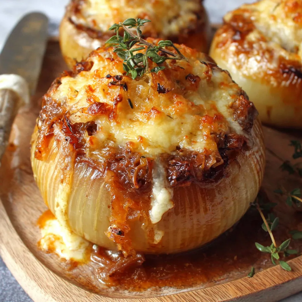 A French onion stuffed onion with cheese and herbs.