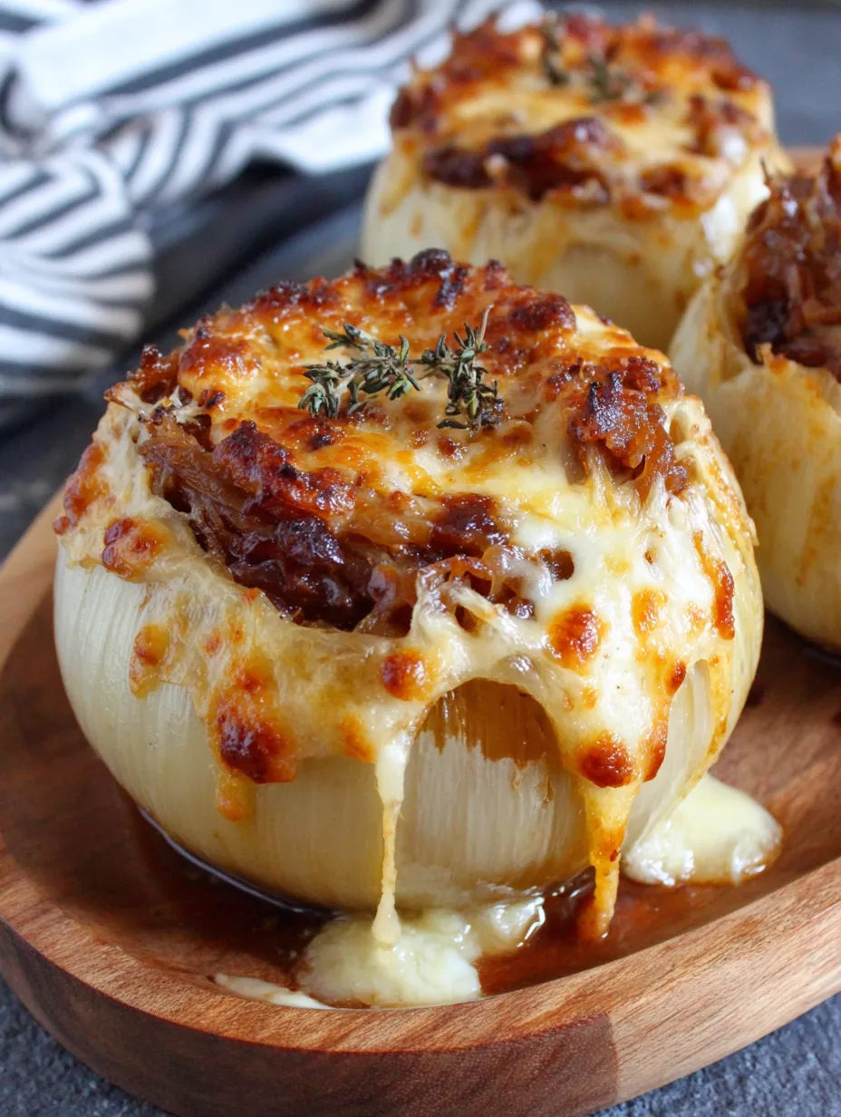 A close up of a French onion stuffed with cheese.