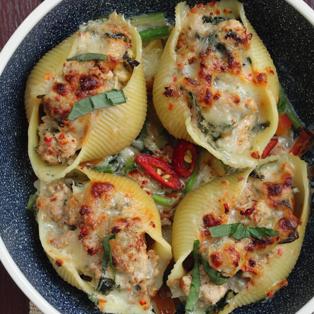 A bowl of chili basil turkey stuffed shells.