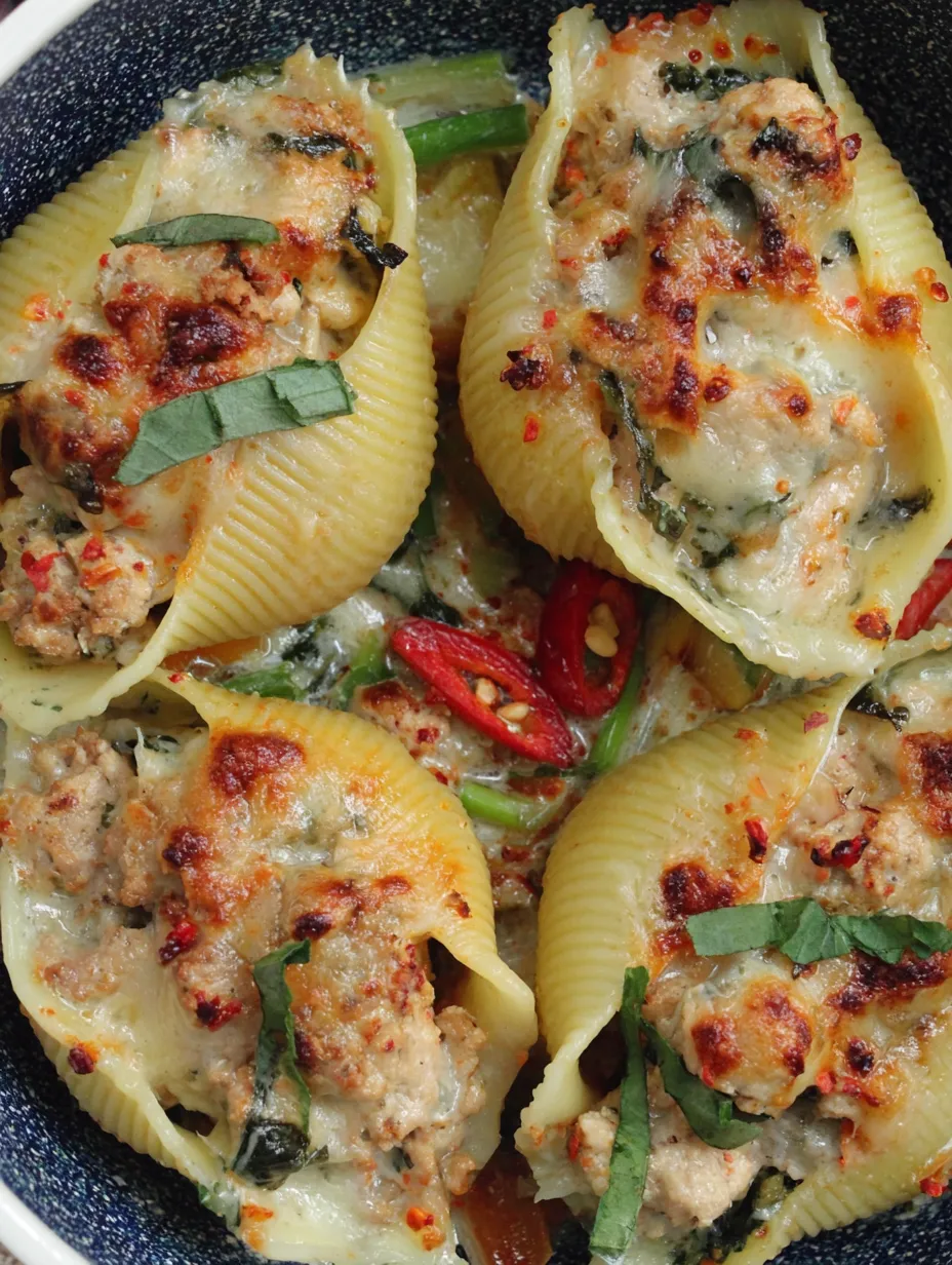 A plate of chili basil turkey stuffed shells.