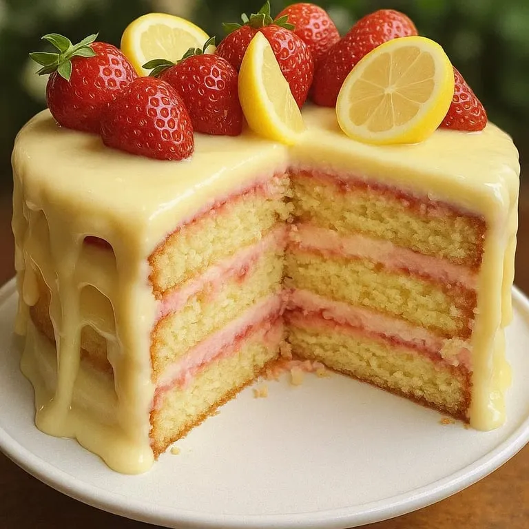 A slice of a layered cake with strawberries and lemon.