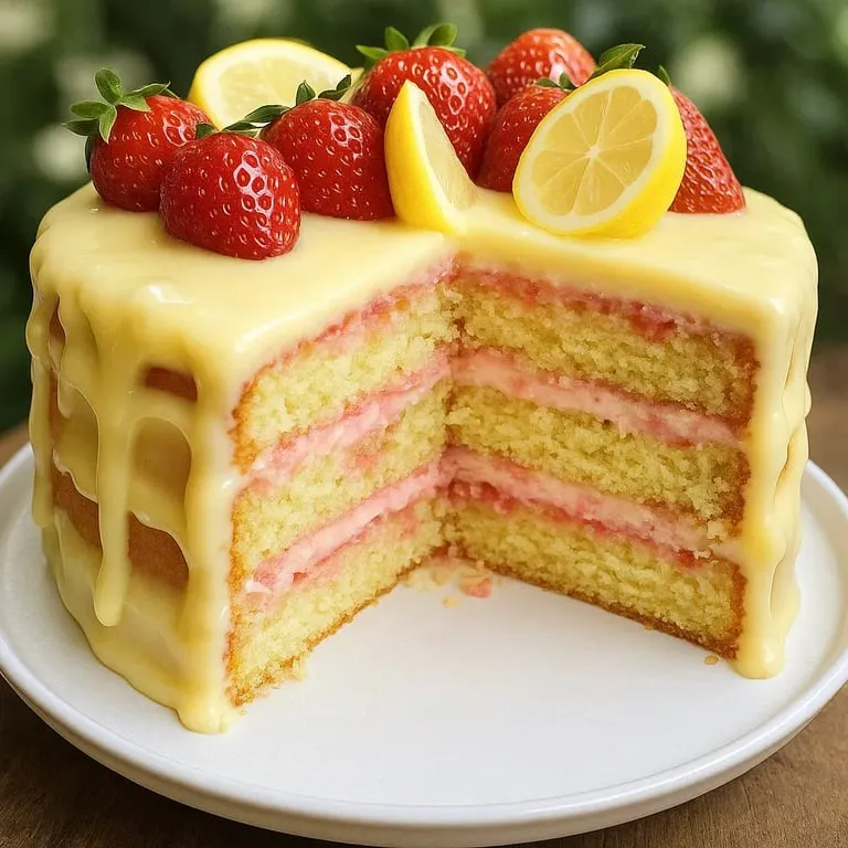 A slice of a layered cake with strawberries and lemon.
