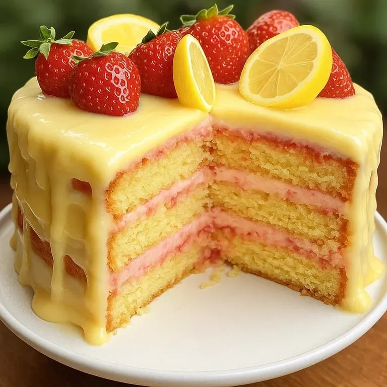 A slice of a strawberry lemonade layer cake.