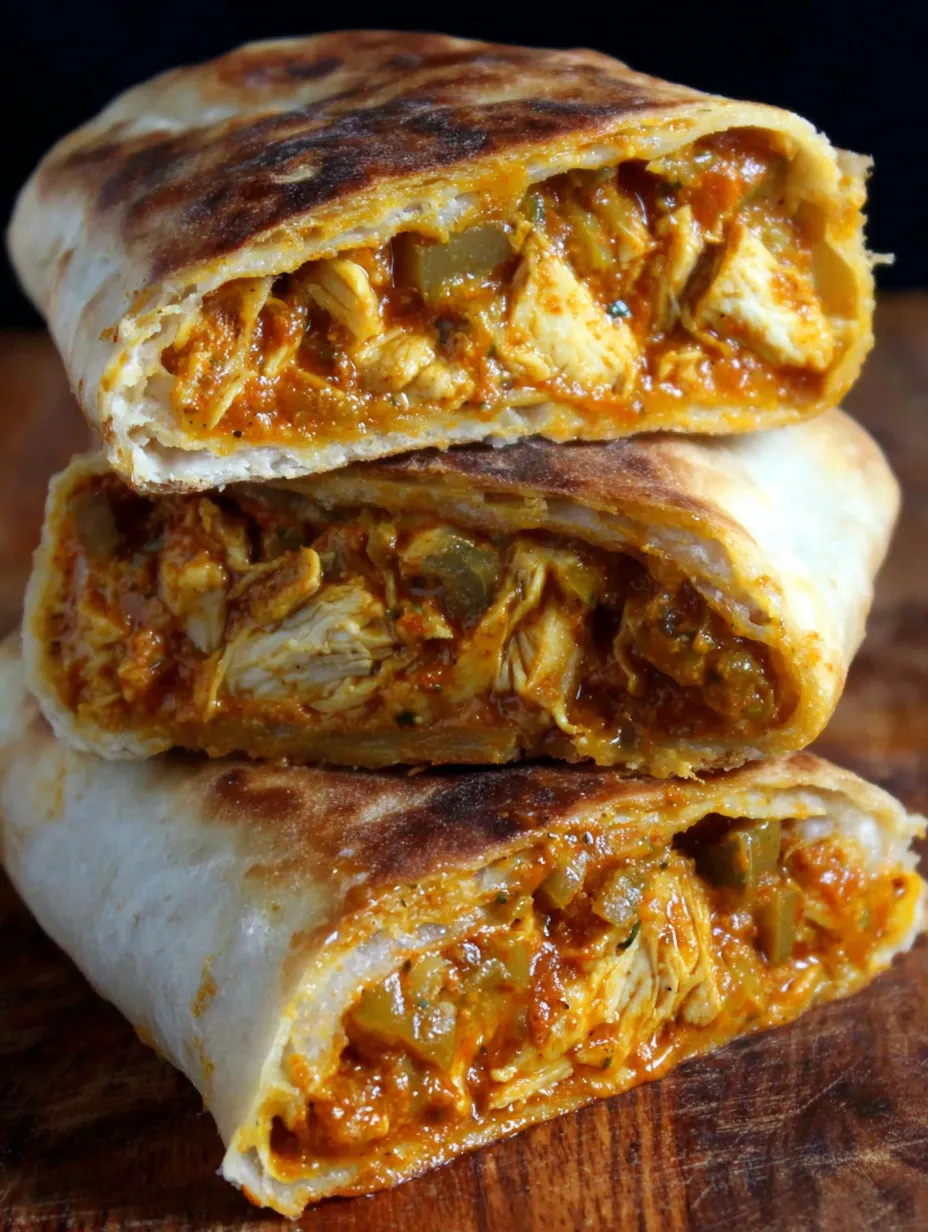 A chicken tikka hot pocket is shown with its contents visible.