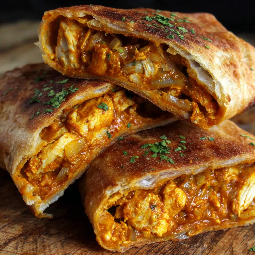 A chicken tikka hot pocket on a table.