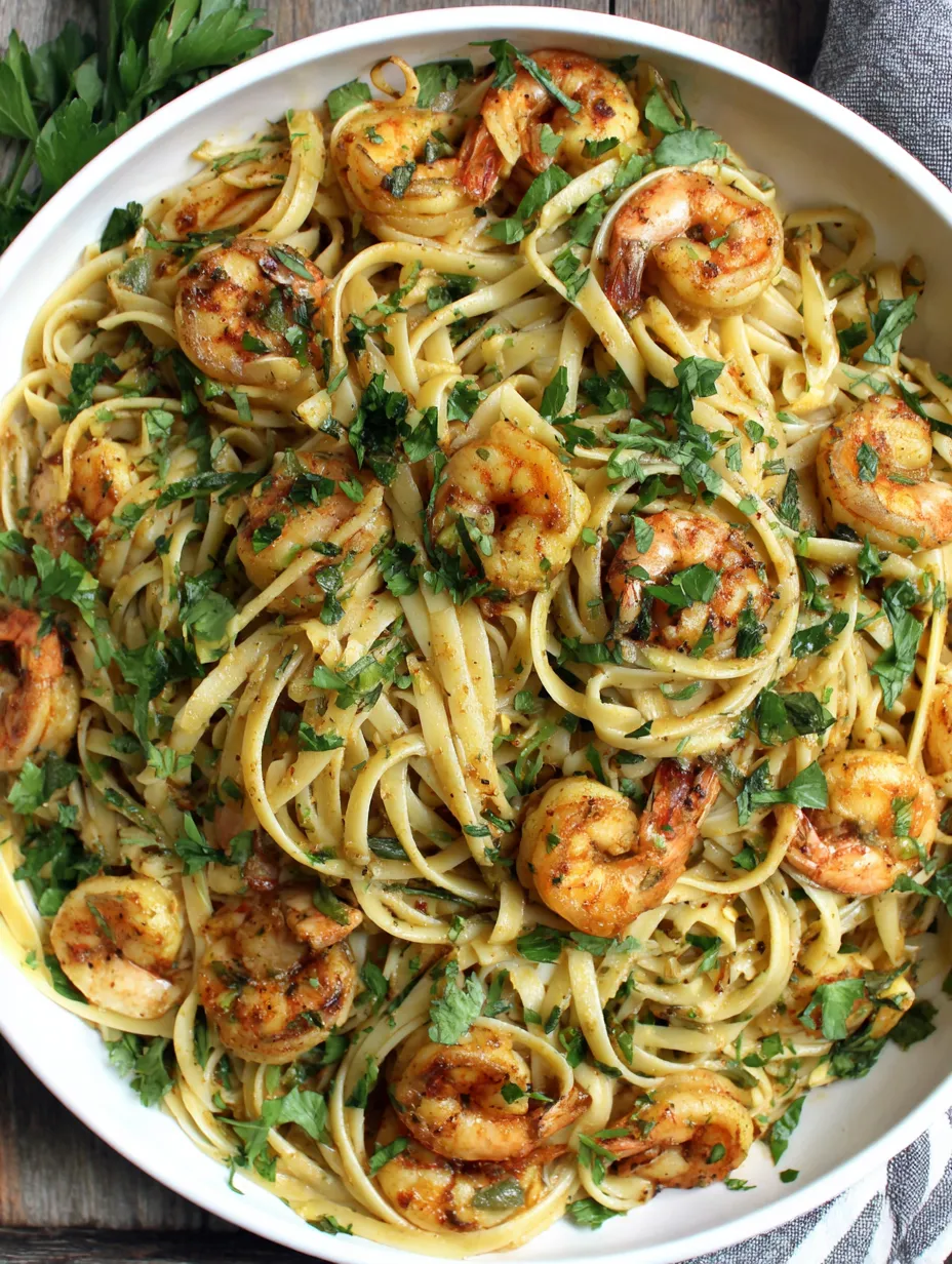 A bowl of shrimp linguine with a side of herbs.