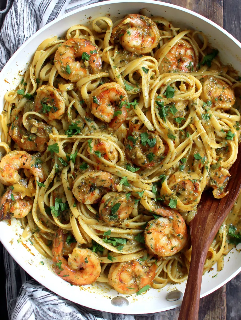 A bowl of shrimp linguine with a wooden spoon.