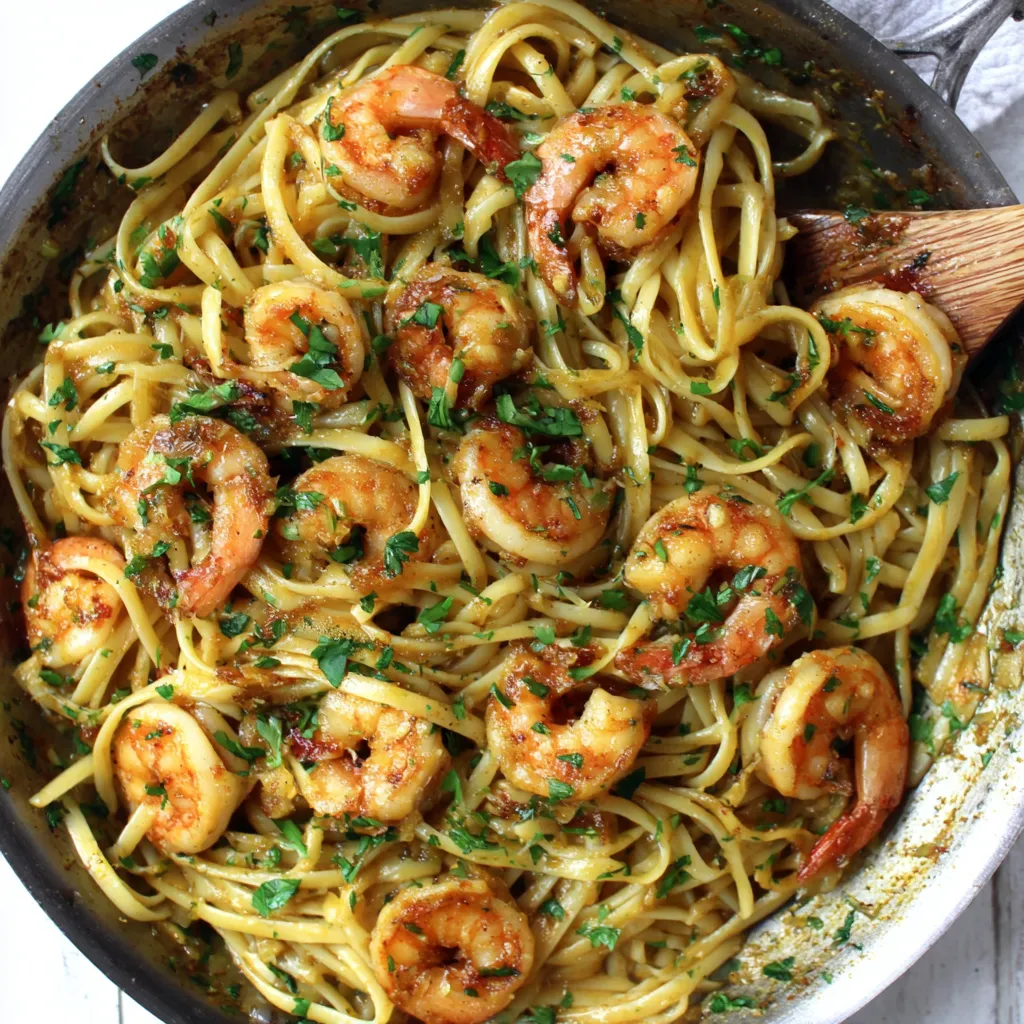 A bowl of shrimp linguine with a wooden table in the background.