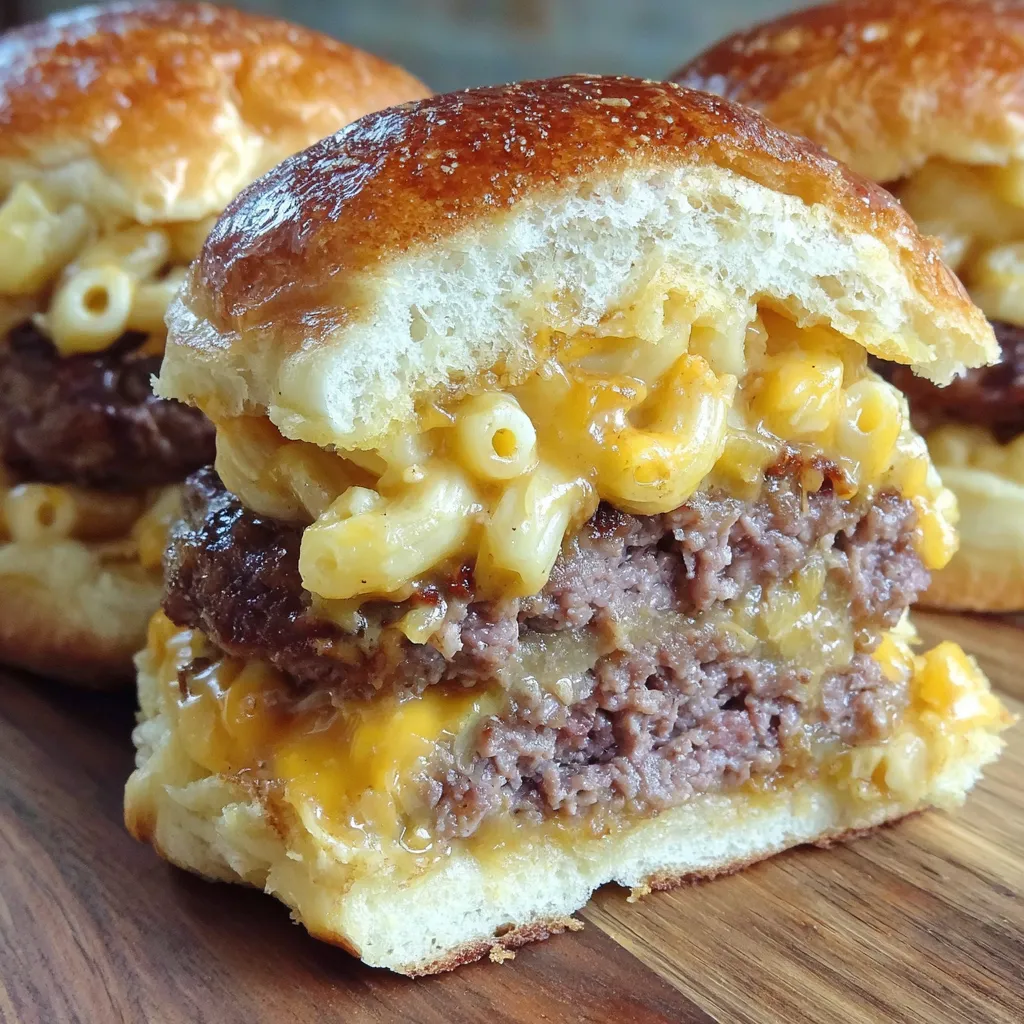 Two burgers with mac and cheese in the middle.