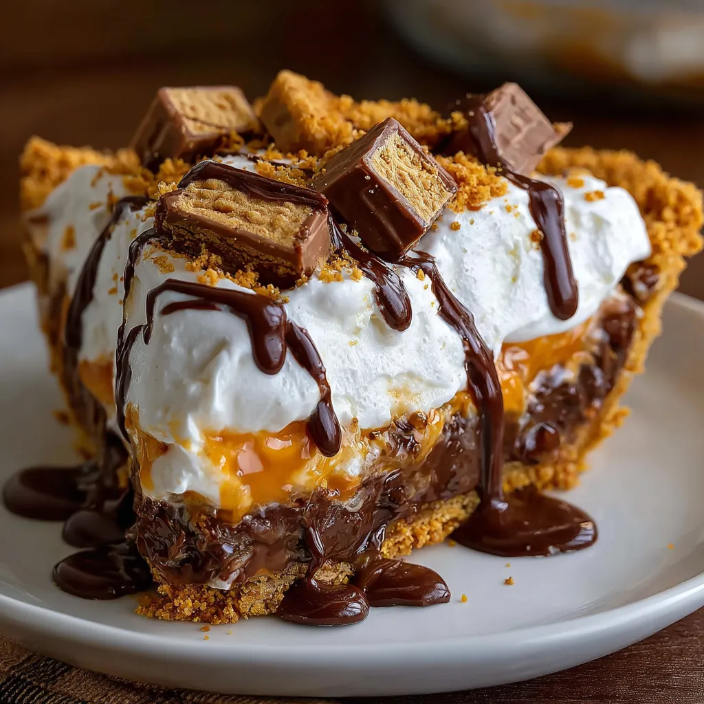 A slice of Butterfinger pie with chocolate sauce drizzled on top.