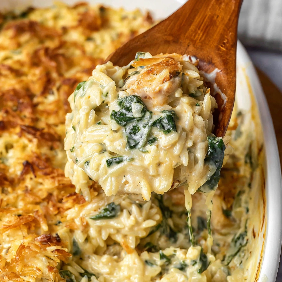 A spoon is scooping up a dish of Monterey Chicken One Pan Orzo.