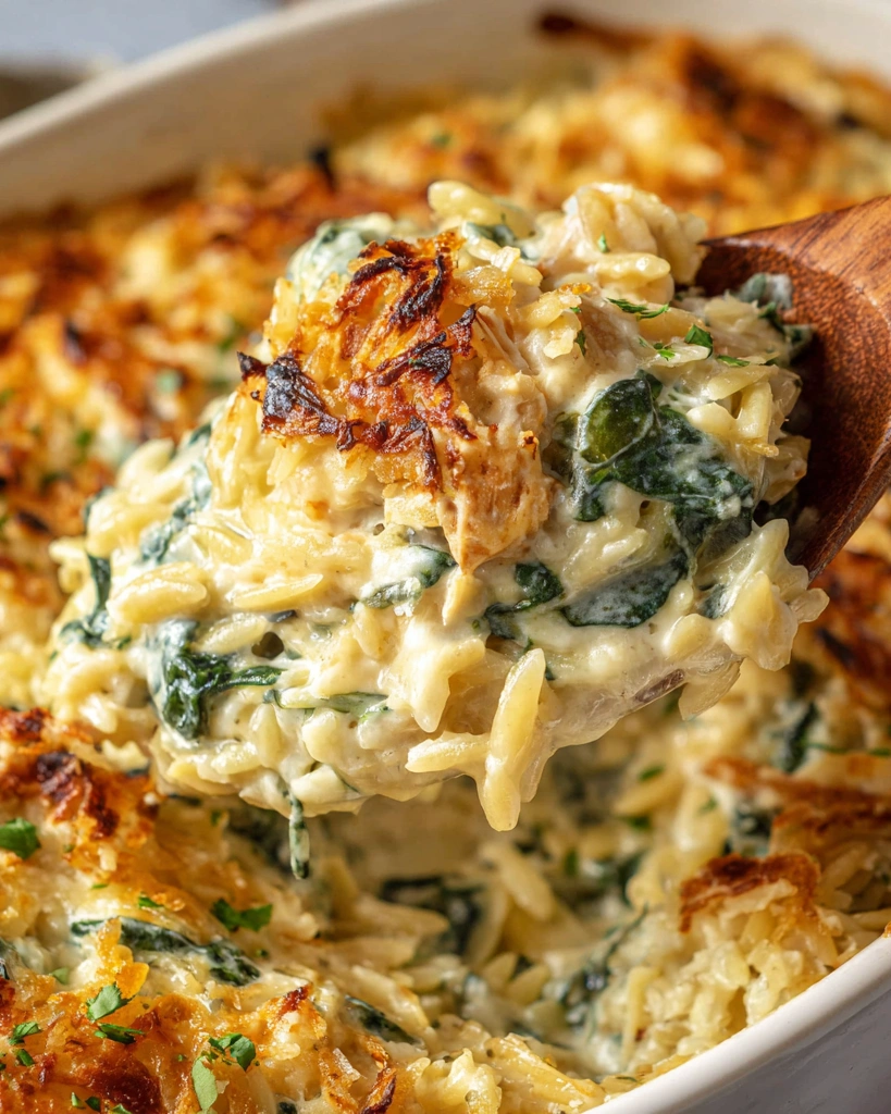 A close up of a spoon in a bowl of Monterey Chicken One Pan Orzo.