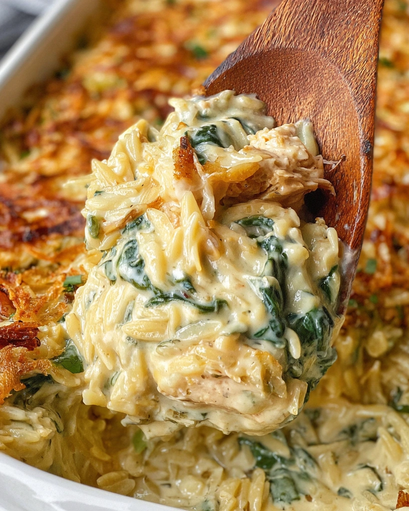 A spoon is in a bowl of Monterey Chicken One Pan Orzo.