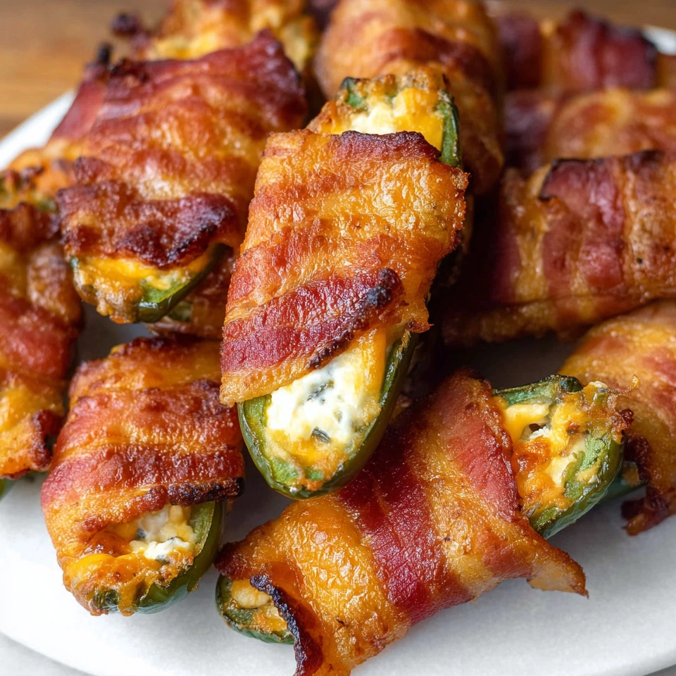 Bacon wrapped jalapeno poppers on a plate.