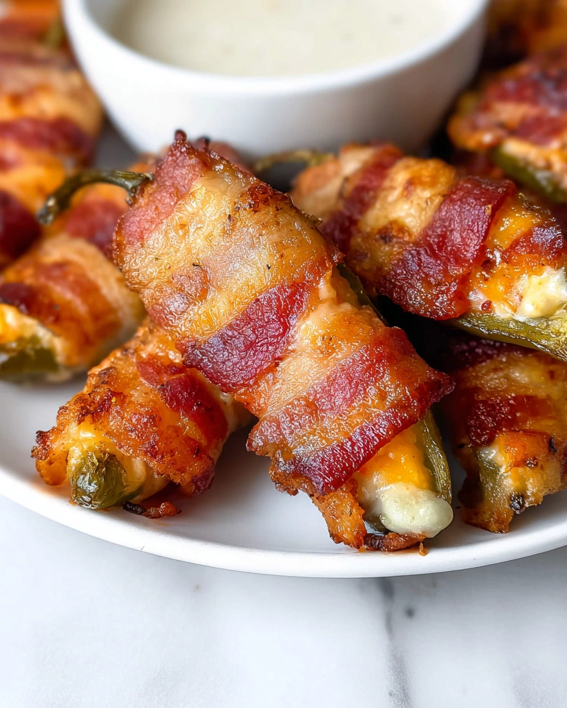 Bacon wrapped jalapeno poppers on a plate.