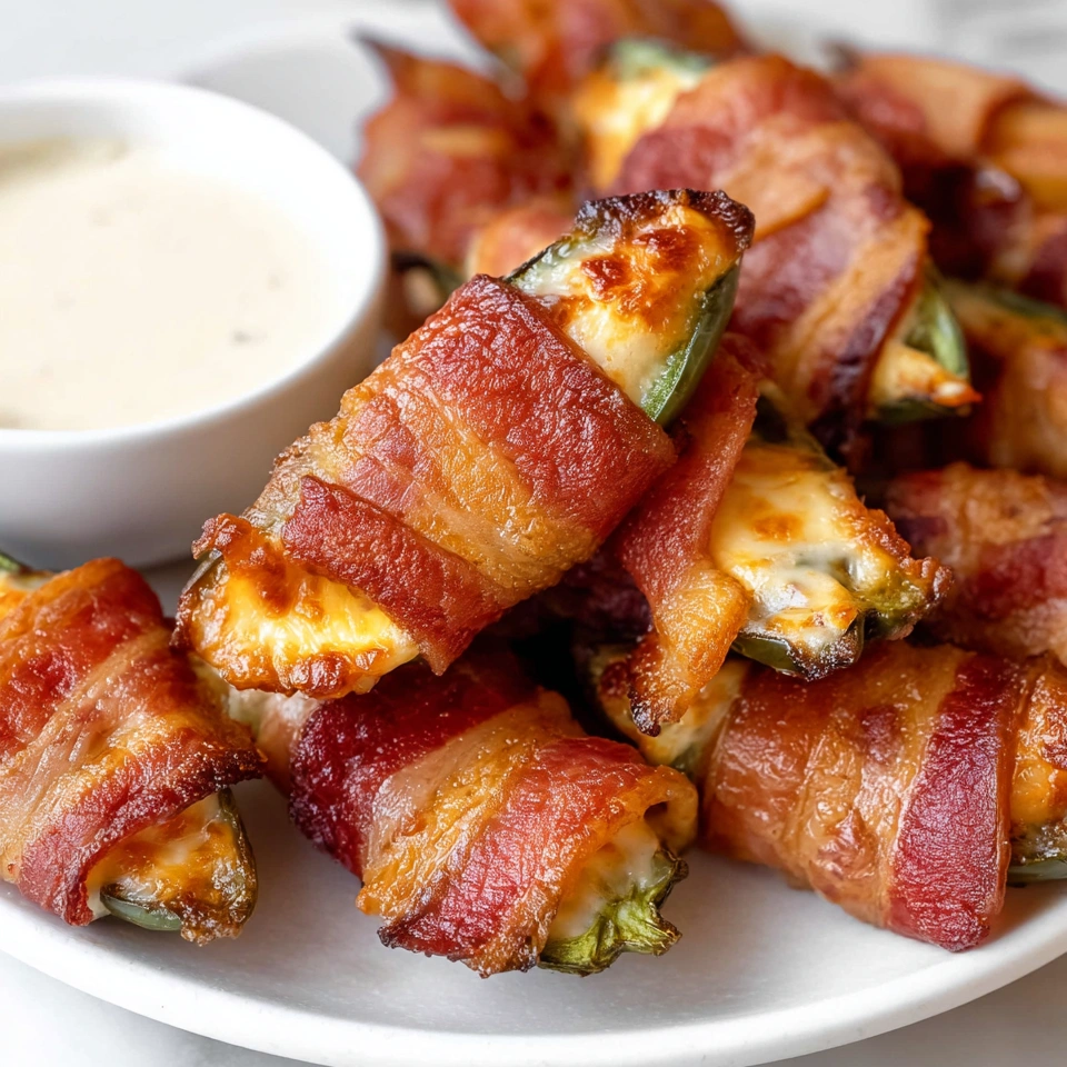 Bacon wrapped jalapeno poppers with a dipping sauce.