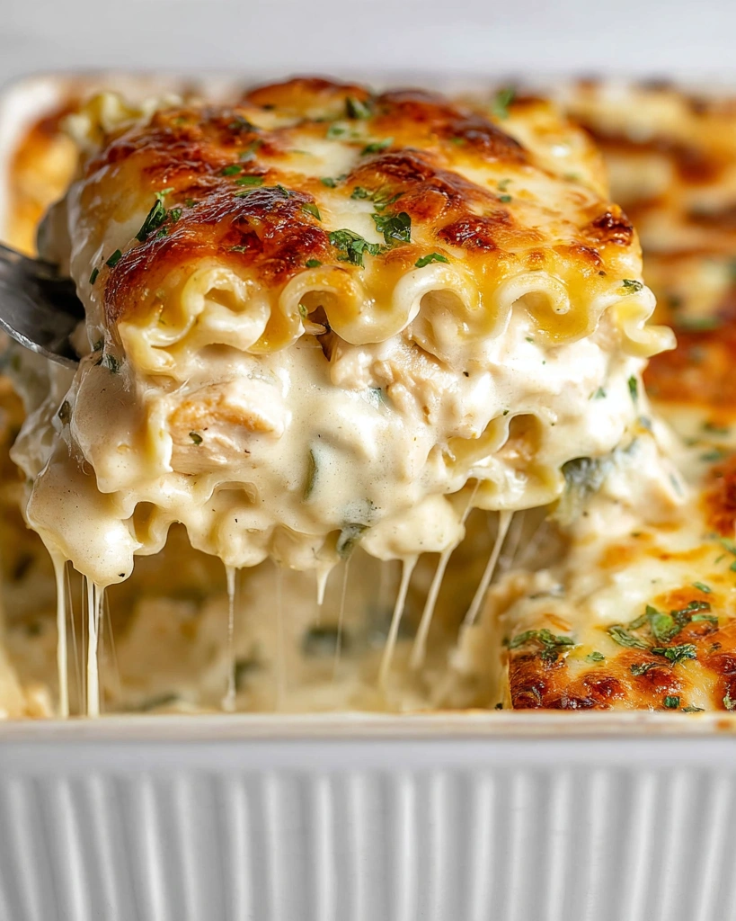 A close up of a delicious blackened chicken Alfredo lasagna roll up.