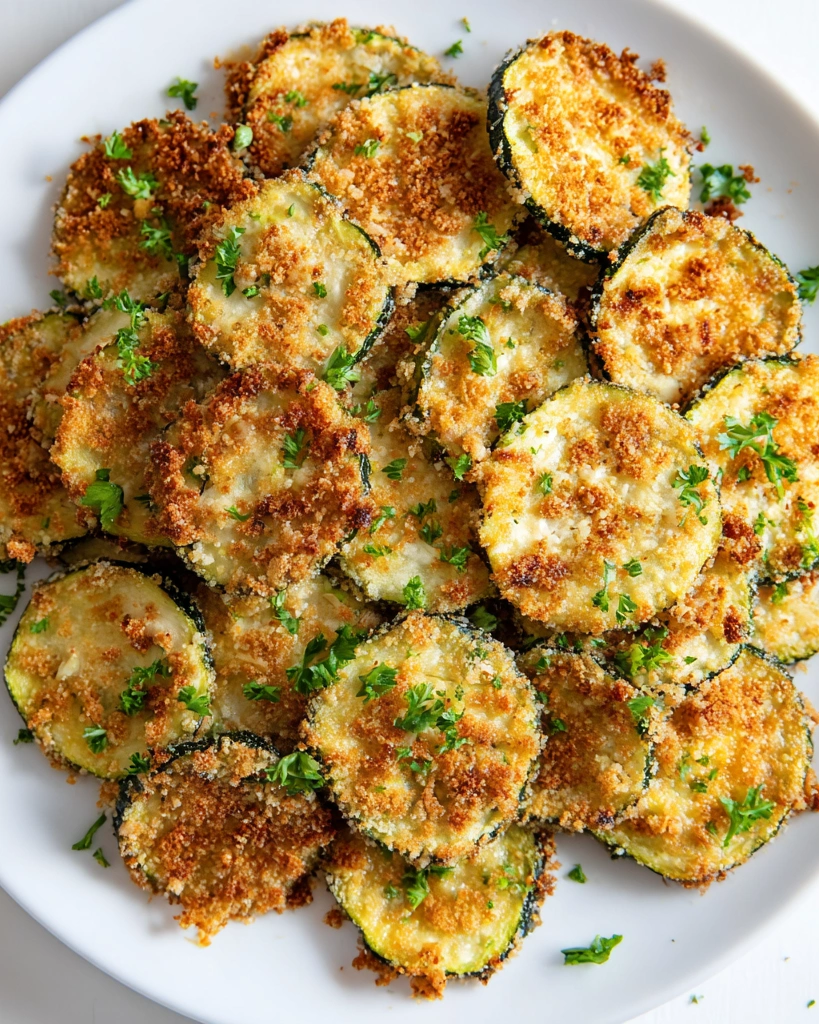 A plate of crispy baked zucchini chips.