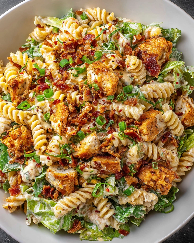 A bowl of chicken bacon ranch pasta salad.