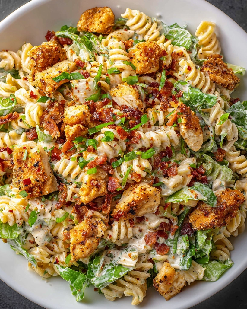 A bowl of chicken bacon ranch pasta salad.