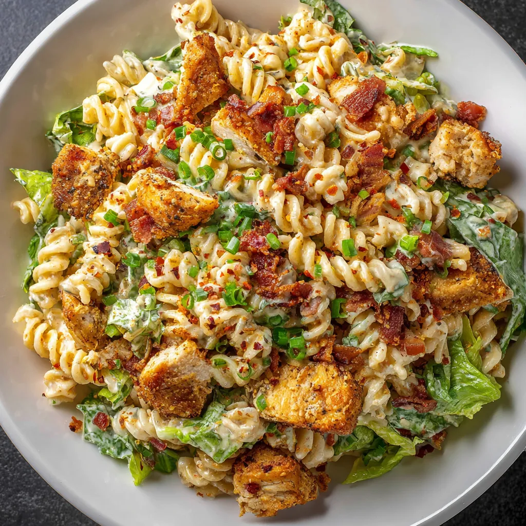 A bowl of chicken bacon ranch pasta salad.
